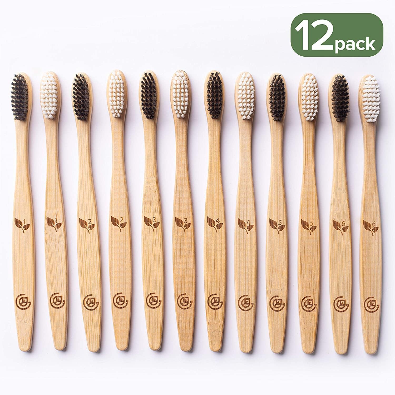 Bamboo Toothbrush Set – 12 Pack Eco-Friendly Wooden Toothbrushes with Soft Bristles, Travel Case & Charcoal Dental Floss