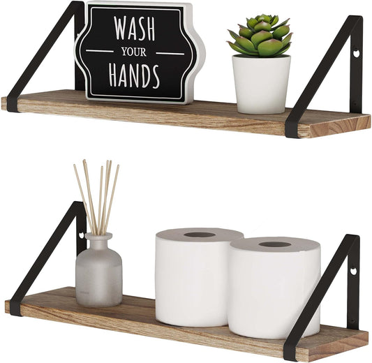 Set of 2 Rustic Floating Shelves – Wall Mounted Storage for Bathroom, Kitchen, Bedroom, or Laundry Room – Natural Burned Wood with Black Metal Brackets – Farmhouse Wall Decor Organizer