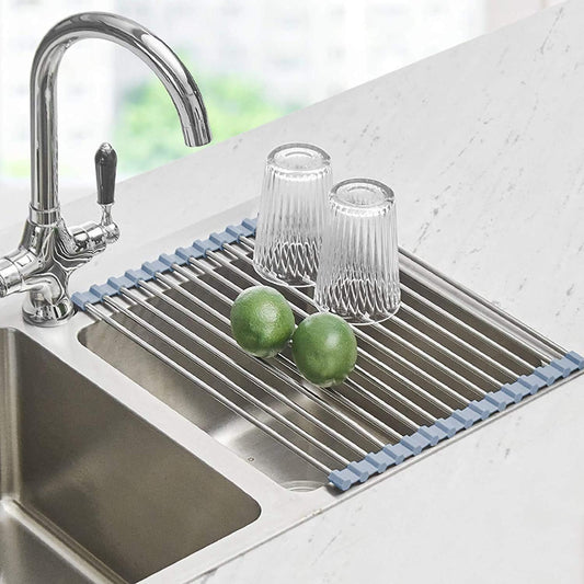 Roll-Up Over-the-Sink Dish Drying Rack – Foldable Stainless Steel Kitchen Drainer Mat, 17.5” x 11.8”
