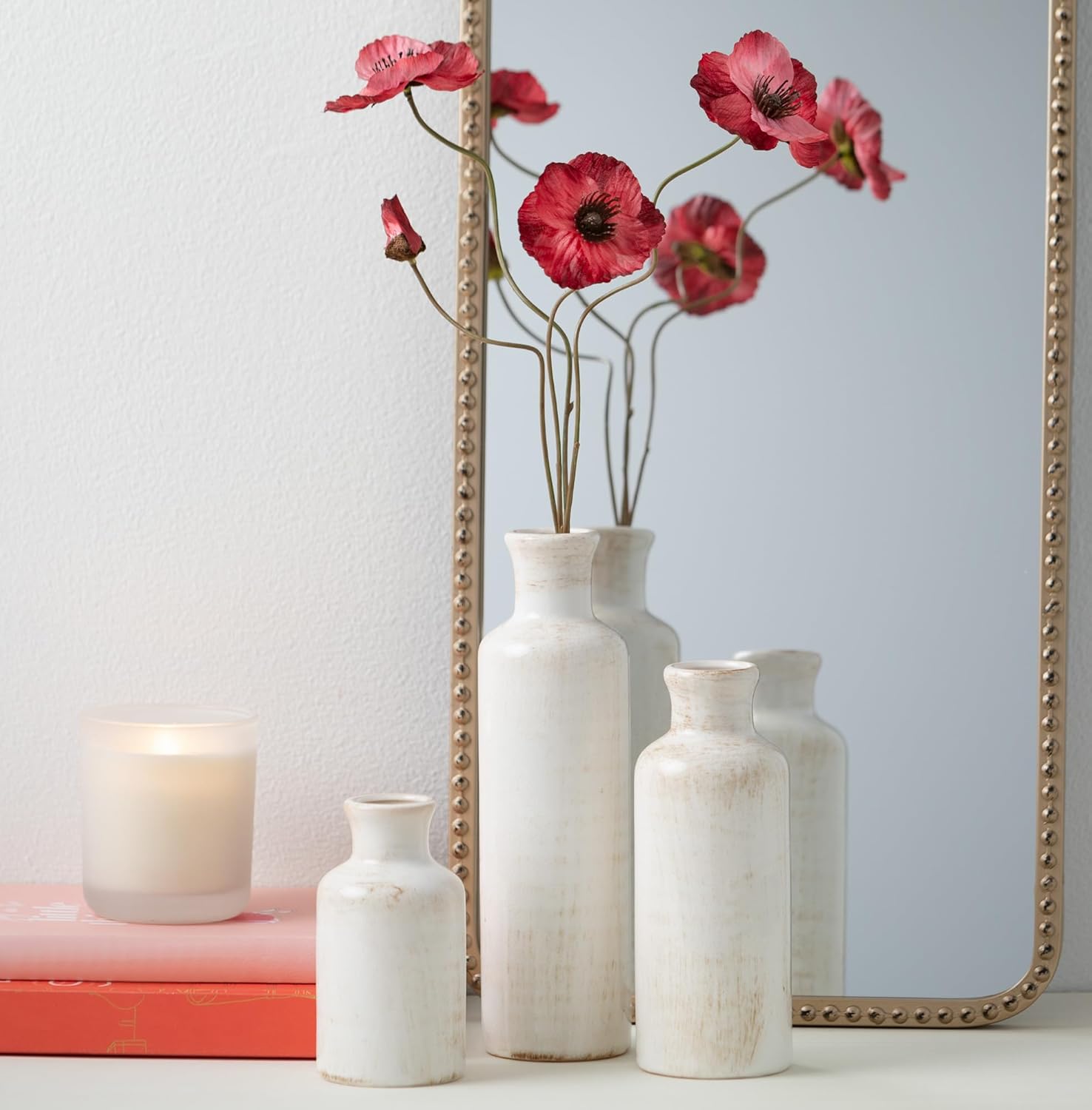 White Ceramic Vase Set – Farmhouse Decorative Vases for Living Room, Kitchen & Shelf Centerpiece (CM2333)