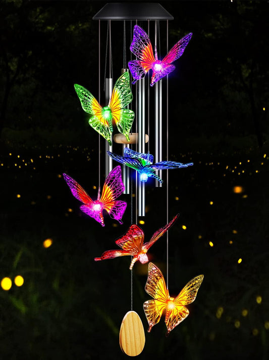 Butterfly Solar Wind Chimes with Aluminum Tubes – Outdoor Color-Changing LED Lights for Garden, Patio, Porch – Thanksgiving Gift