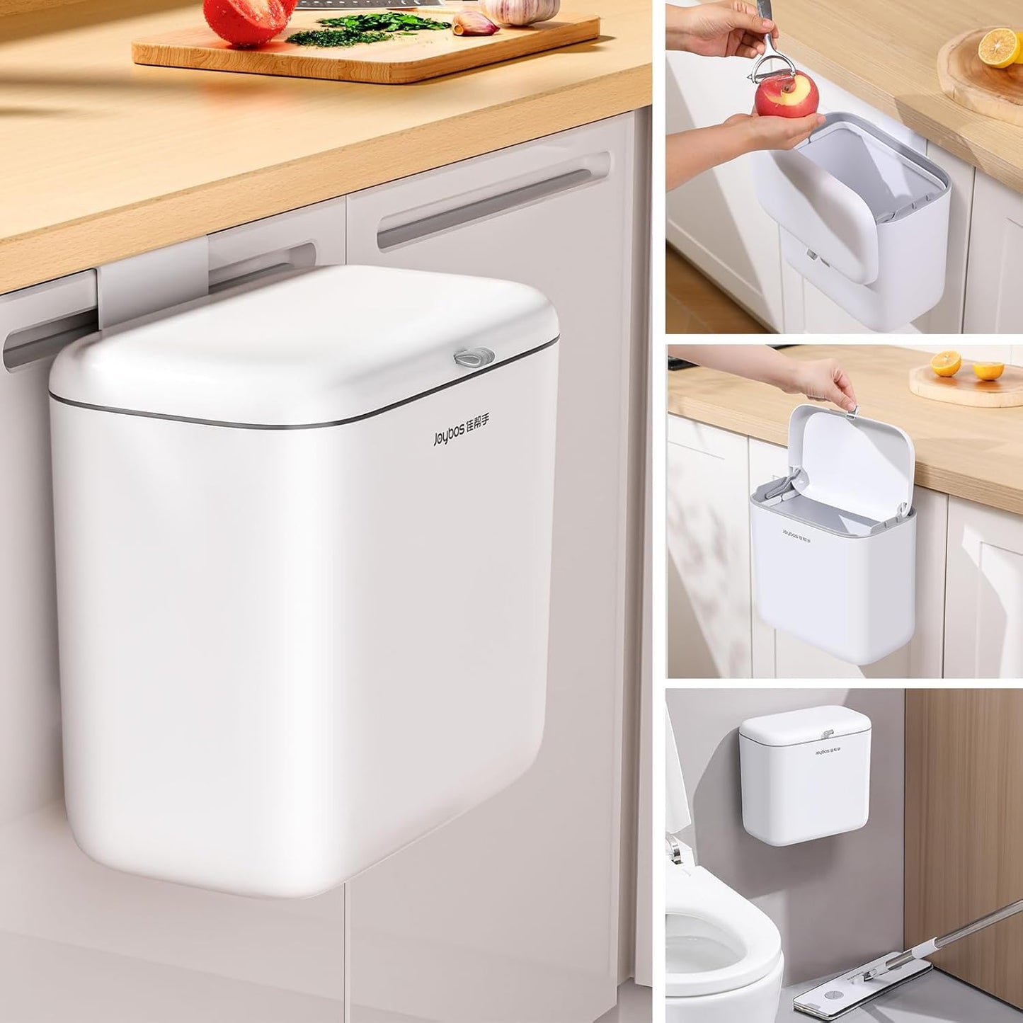 1.8 Gal Hanging Trash Can with Lid – Wall & Cabinet Mount Compost Bin (White)