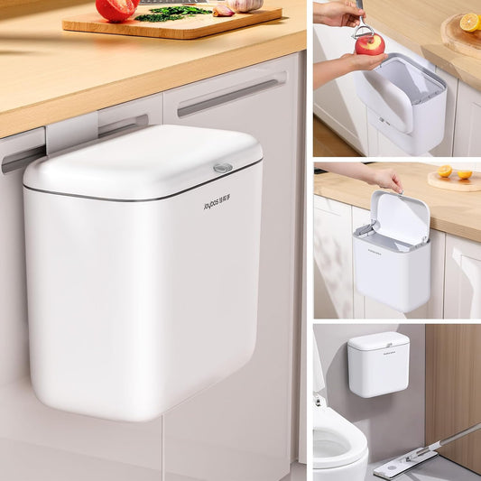 1.8 Gal Hanging Trash Can with Lid – Wall & Cabinet Mount Compost Bin (White)