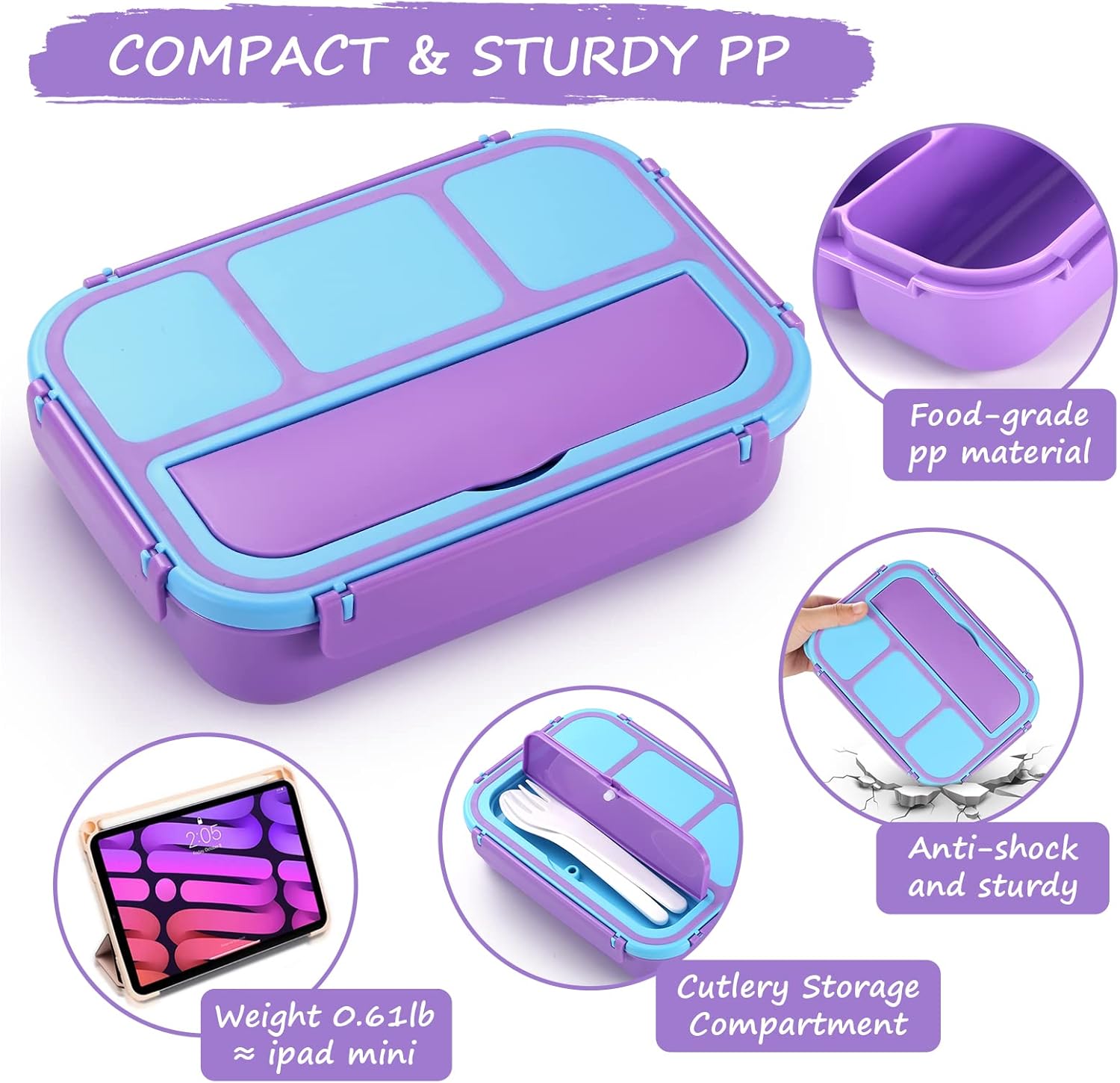 Bento Lunch Box for Kids Girls Boys, Toddler Kids Lunch Boxes for School, Lunch Containers for Adults with 4 Compartments, Sauce Container, Utensils, Food Picks and Muffin Cups, Purple