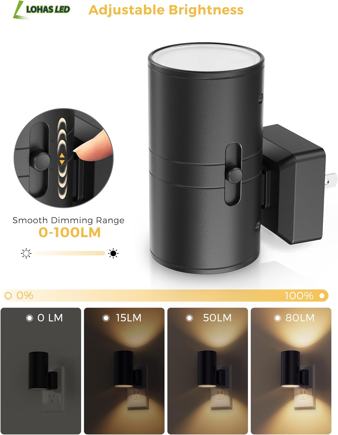 Plug-In Dimmable Night Light with Sensor – 2-Pack Soft White Wall Lights for Hallway, Bedroom & Stairs