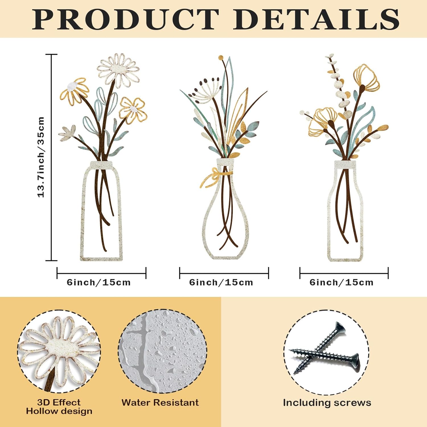 Rustic Beige Metal Flower Wall Art – 3-Piece Minimalist Farmhouse Wall Décor Set