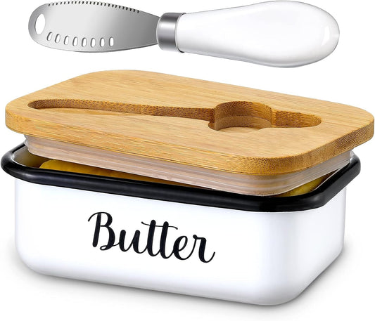 Butter Dish with Lid & Curler Knife – Stainless Steel Butter Keeper with Double Silicone Seal for Farmhouse Kitchen Decor