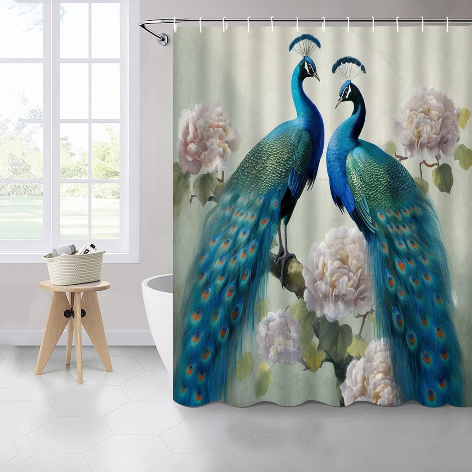 Peacock Shower Curtain – 70x70 Inch Chinese Style Bathroom Decor with Blue Bird, Peony Flowers & Green Leaves – Elegant Polyester Fabric with Hooks Included