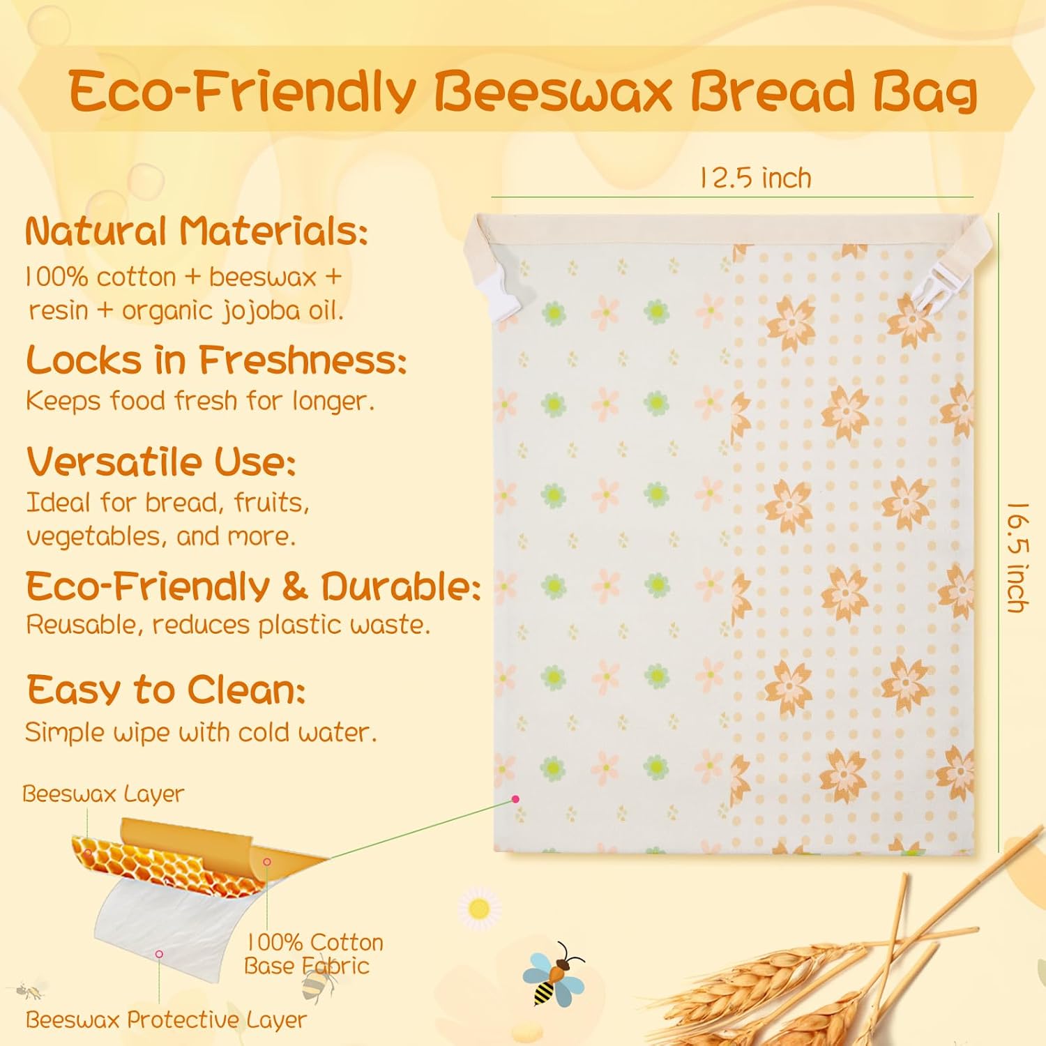 Reusable Beeswax Bread Bags & Organic Food Wraps – Sustainable Kitchen Storage for Homemade Bread, Eco-Friendly Cotton Bags