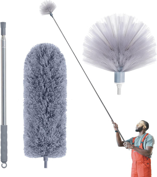 Cobweb Duster with 100" Extension Pole – Ceiling & Spider Web Brush with Washable Microfiber Head
