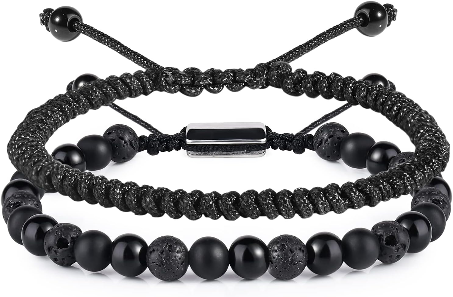 Men’s Black Beaded Bracelet Set – 6mm Obsidian, Onyx & Lava Stone Jewelry