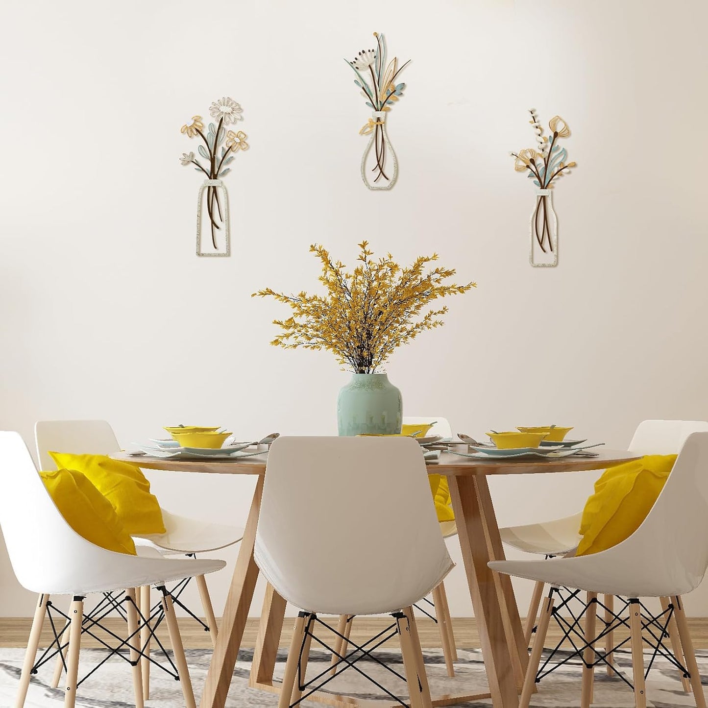 Rustic Beige Metal Flower Wall Art – 3-Piece Minimalist Farmhouse Wall Décor Set