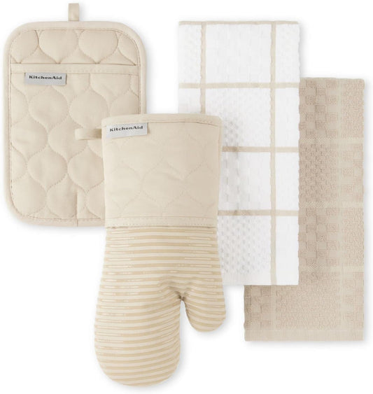4-Piece Quilted Cotton Kitchen Set – Oven Mitt, Pot Holder & Towels with Silicone Grip (Milkshake)