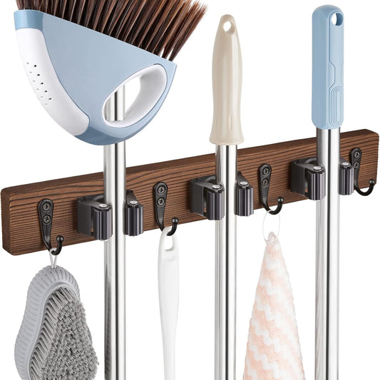 Rustic Wood Broom & Mop Holder Wall Mount – 3 Slots & 4 Hooks for Kitchen, Pantry, Garden, or Laundry Organization