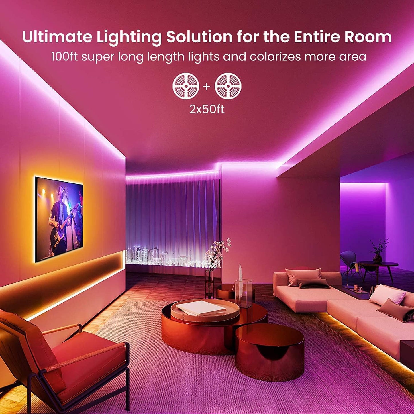 100FT LED Strip Lights – RGB Color Changing Lights with Bluetooth App, Music Sync, Remote Control for Bedroom & Party Decor