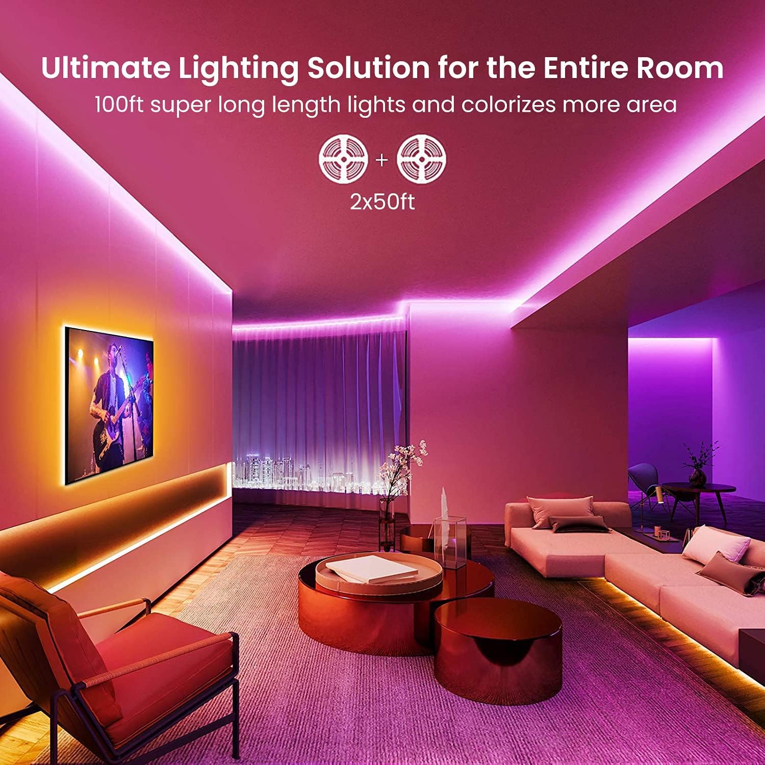 100FT LED Strip Lights – RGB Color Changing Lights with Bluetooth App, Music Sync, Remote Control for Bedroom & Party Decor