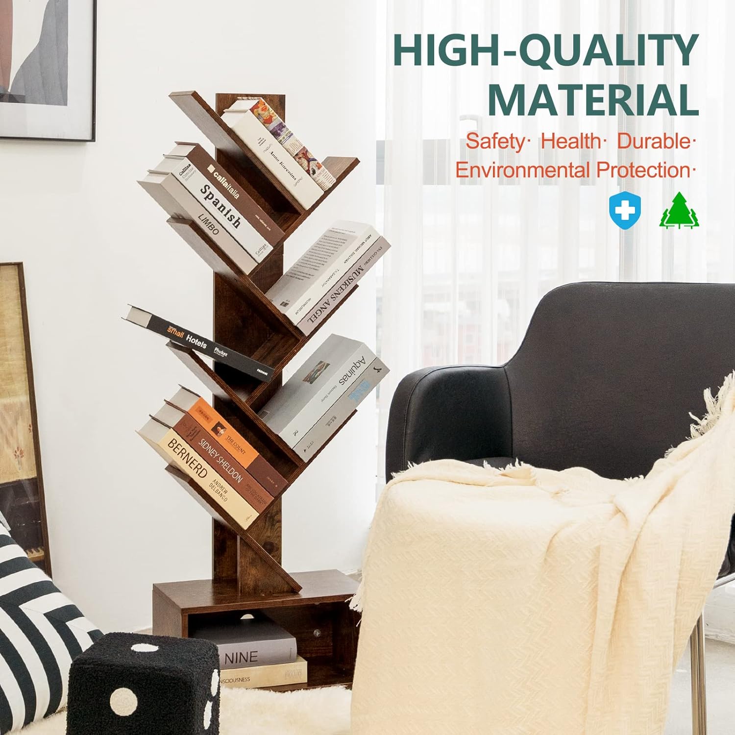 6-Shelf Tree Bookshelf – Tall Rustic Brown Wood Bookcase for Living Room, Bedroom & Office