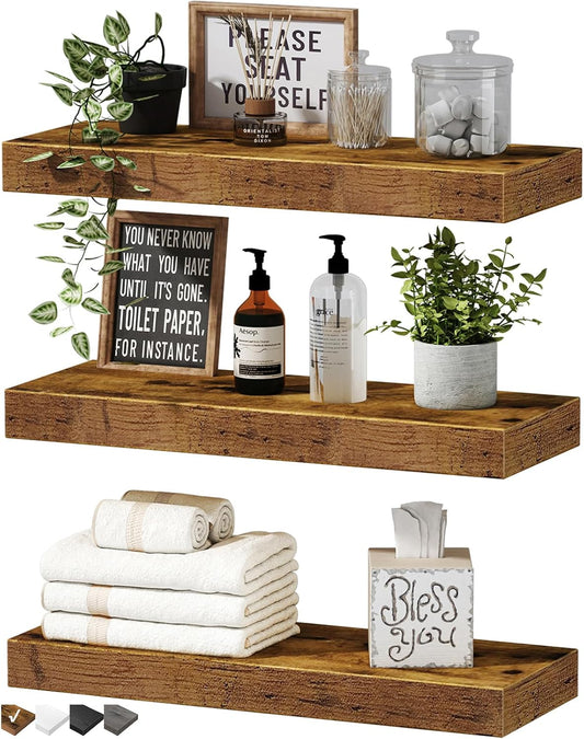 Set of 3 Floating Wall Shelves – 16" Rustic Brown Wood Hanging Shelves for Bathroom, Bedroom, Kitchen & Living Room – Farmhouse Wall Decor (015-BN3)