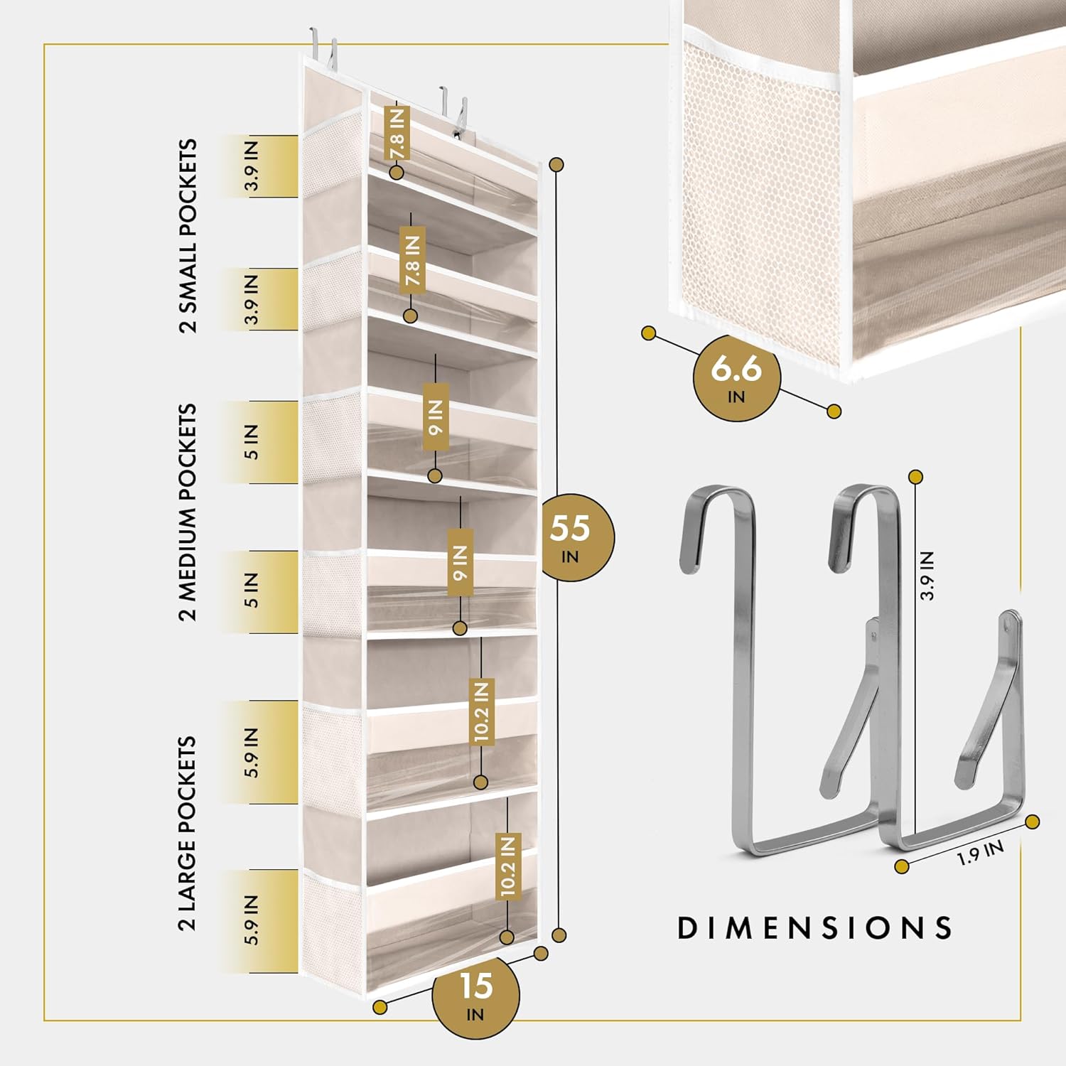 Over-the-Door Hanging Organizer – 6 Large + 12 Side Pocket Storage in Ivory (55” x 14”)