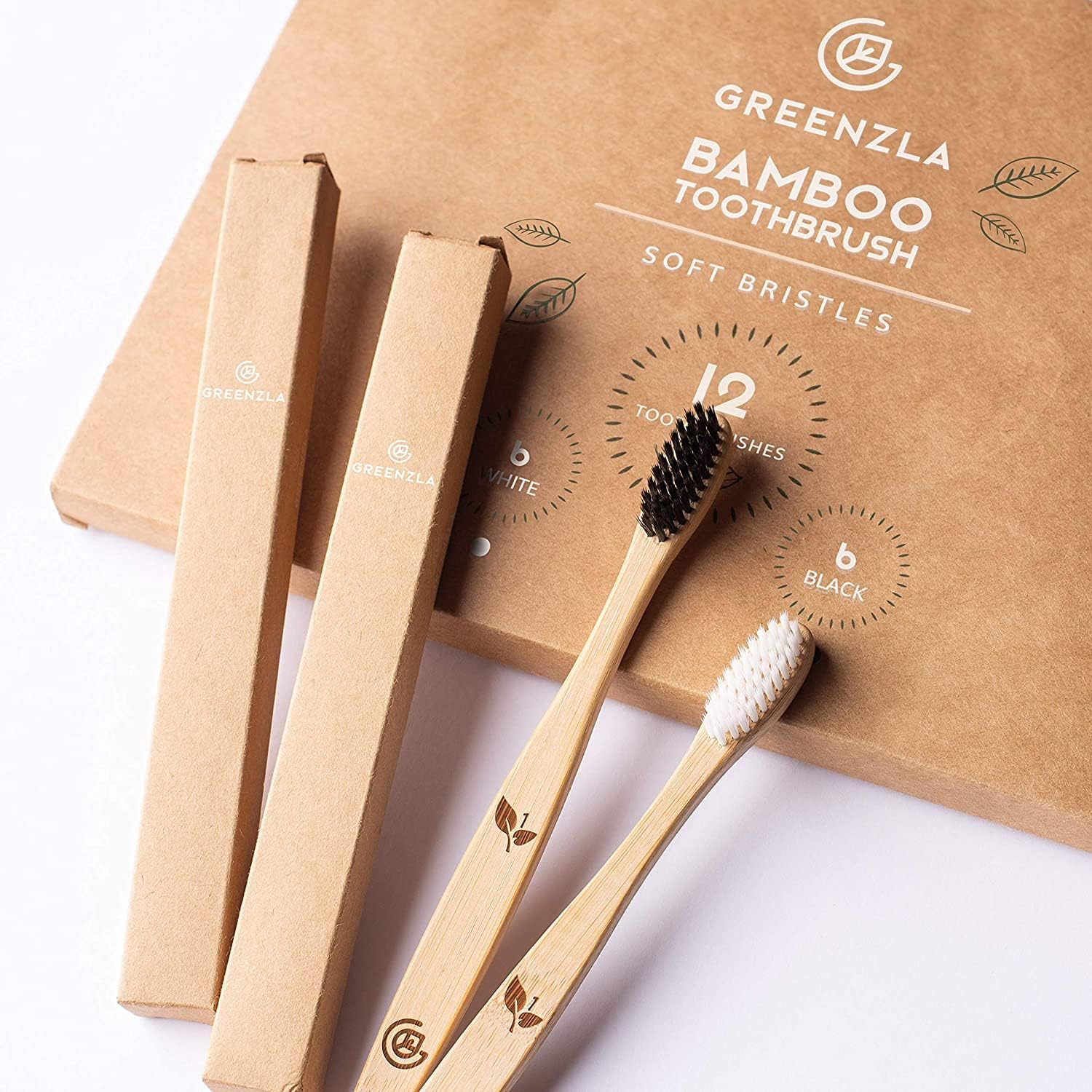 Bamboo Toothbrush Set – 12 Pack Eco-Friendly Wooden Toothbrushes with Soft Bristles, Travel Case & Charcoal Dental Floss