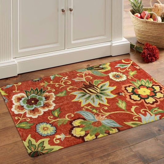 Red Kitchen Rug – 2'x3' Washable Non-Slip Modern Floral Entry Mat for Bathroom, Bedroom, or Doorway