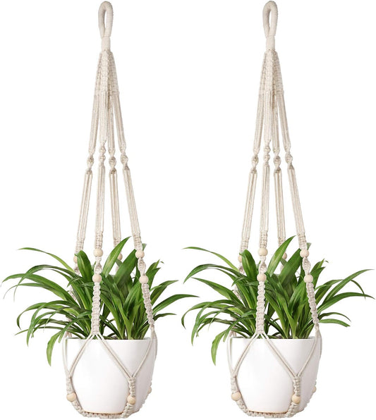 Macrame Plant Hanger Set – 35" Ivory Indoor Hanging Planters with Wood Beads (2 Pack, Pots Not Included)