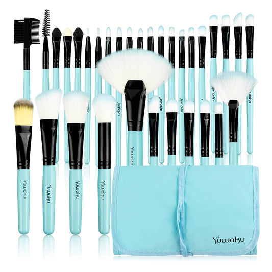 32-Piece Blue Premium Makeup Brush Set – Foundation, Blending, Eyeshadow, Eyeliner & More with Travel Makeup Bag