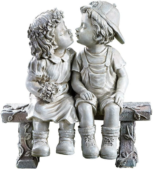 First Kiss Garden Statue – Romantic Puppy Love Kissing Couple Sculpture for Outdoor or Indoor Décor