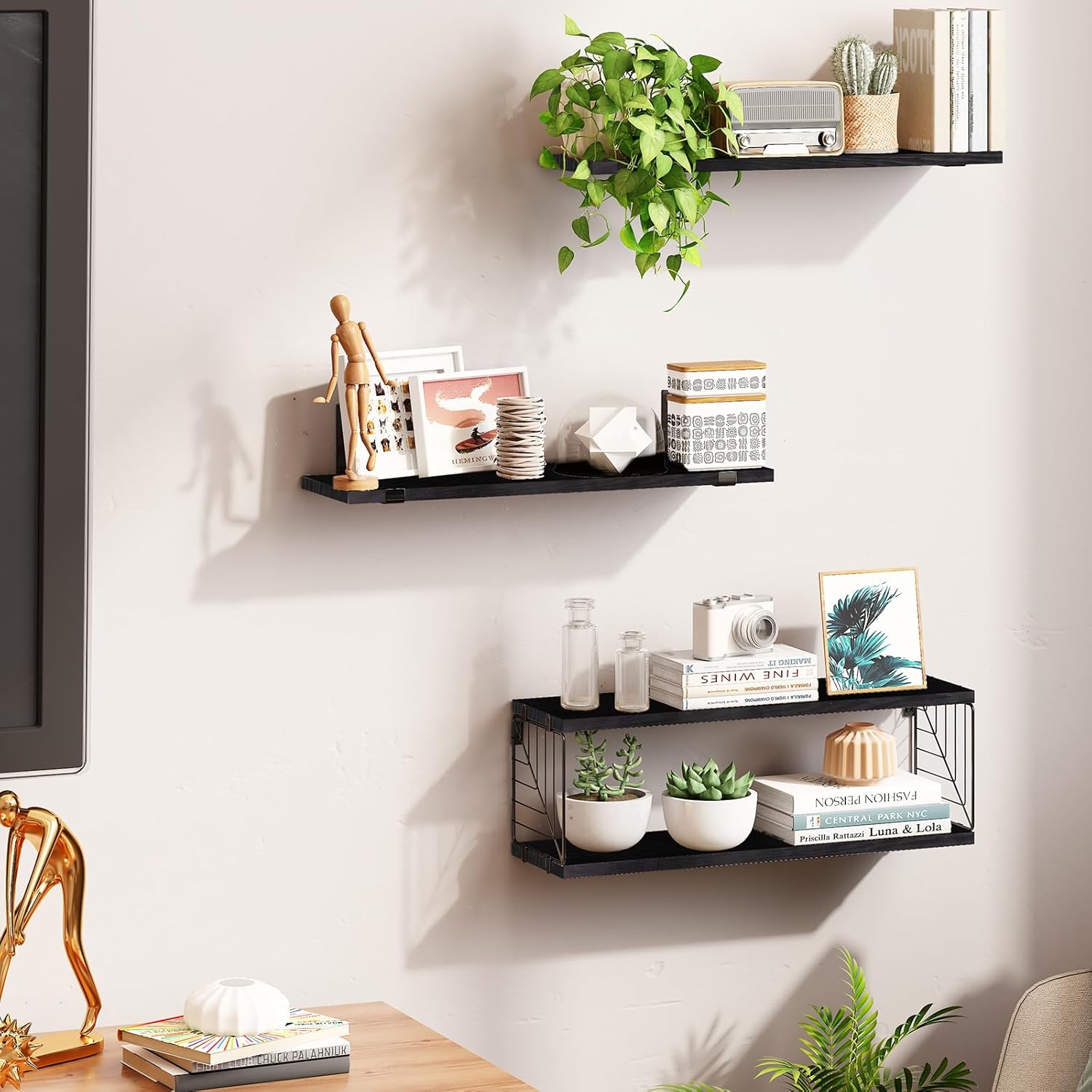3+1 Tier Bathroom Floating Shelves over Toilet, 15.8In Farmhouse Rustic Wood Shelves, Wall Decor for Bathroom, Living Room,Bedroom and Kitchen (Black)
