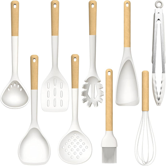 Cream White Silicone Cooking Utensils Set – Heat Resistant Kitchen Tools with Wooden Handles