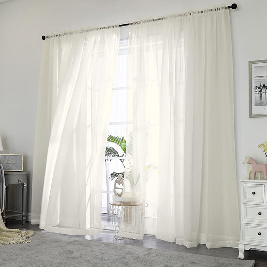 Ivory Sheer Curtains – 84" Length, 2-Panel Set with Rod Pocket for Bedroom & Living Room