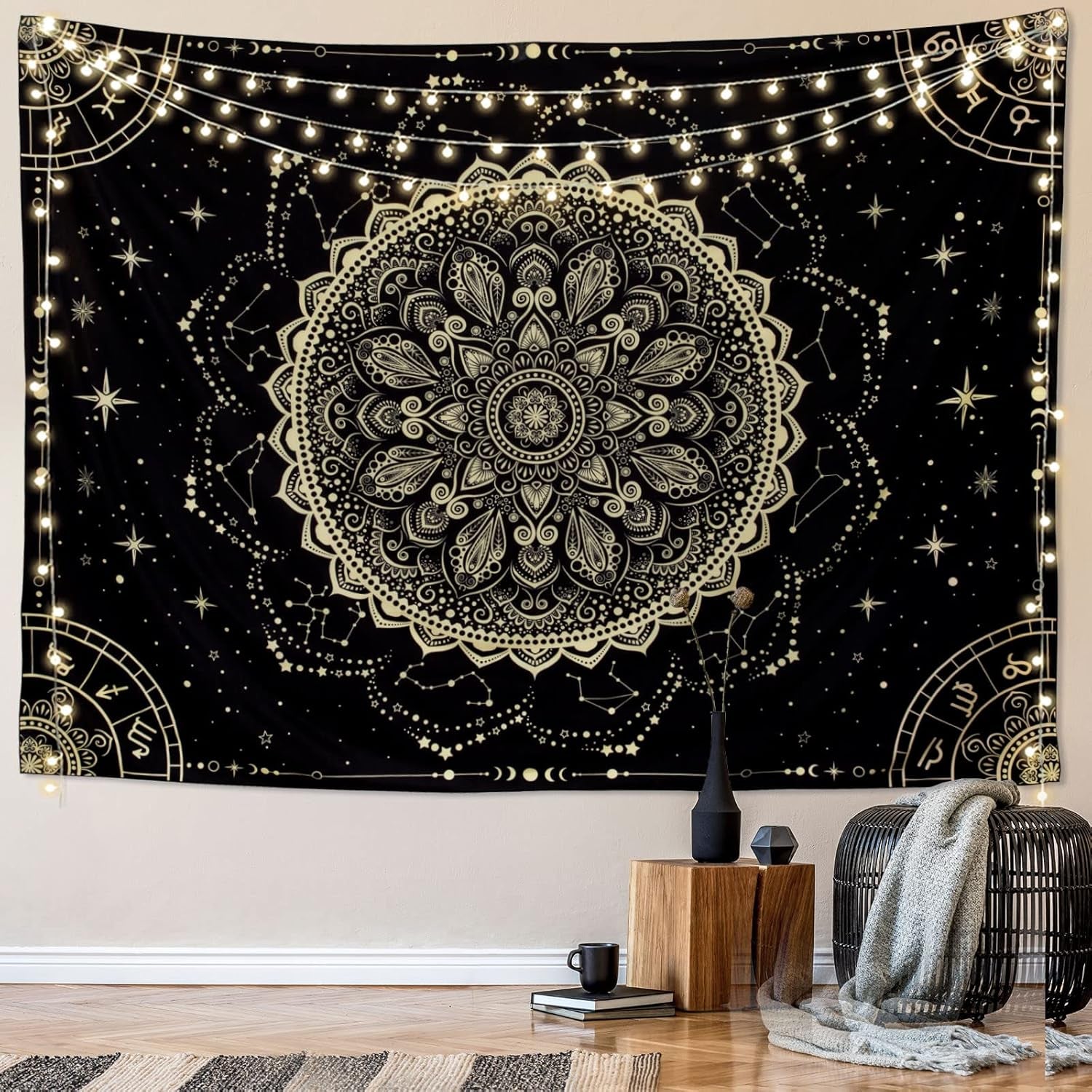 Black Golden Mandala Tapestry Astrology Space Wall Hanging Tapestries Wall Tapestrys Large Aesthetic Hippie Wall Decor Bohemian Wall Art Boho Home Talestry for Bedroom,Living Room,Ceiling
