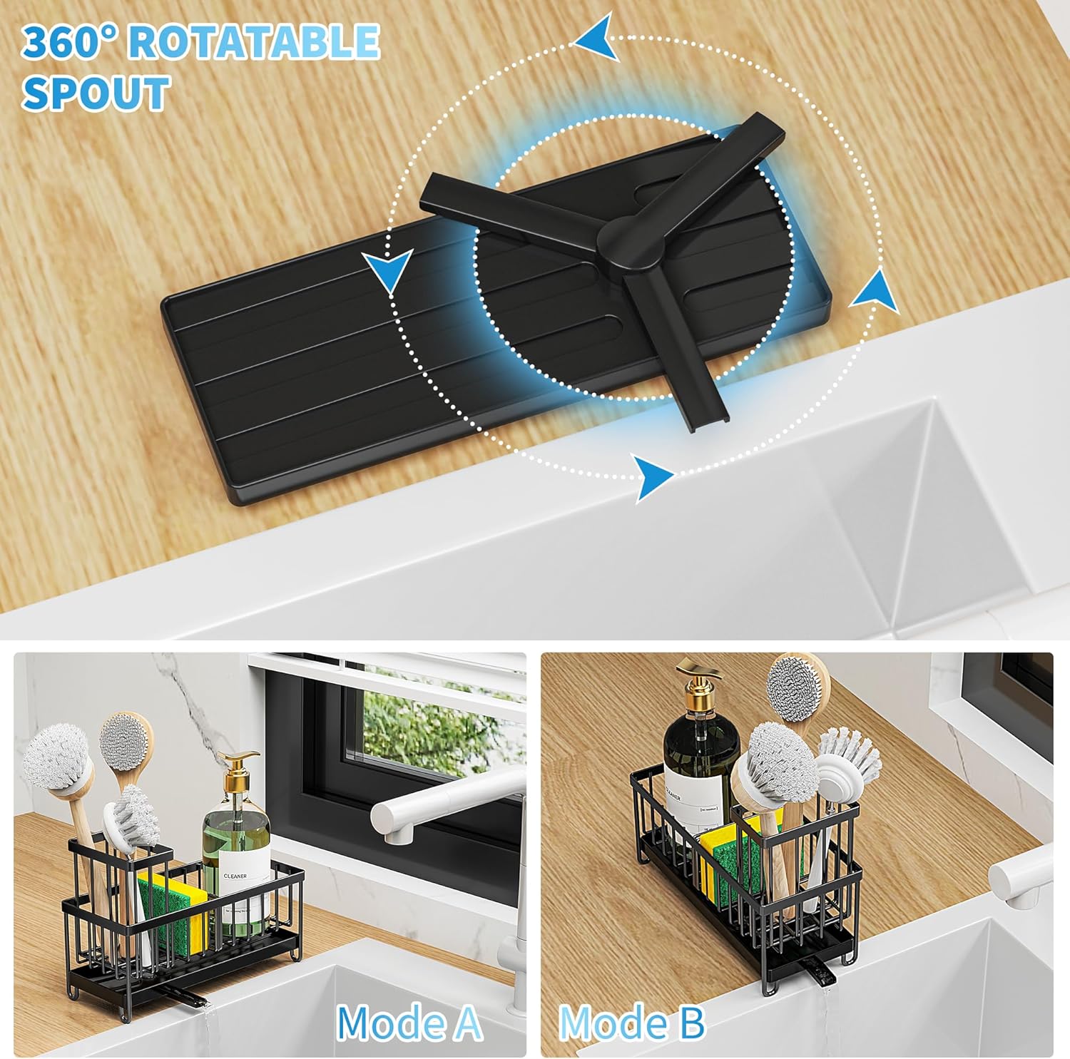 Black Sink Caddy Organizer – Rustproof Sponge Holder with Brush Slot & Soap Dispenser Space, 304 Stainless Steel