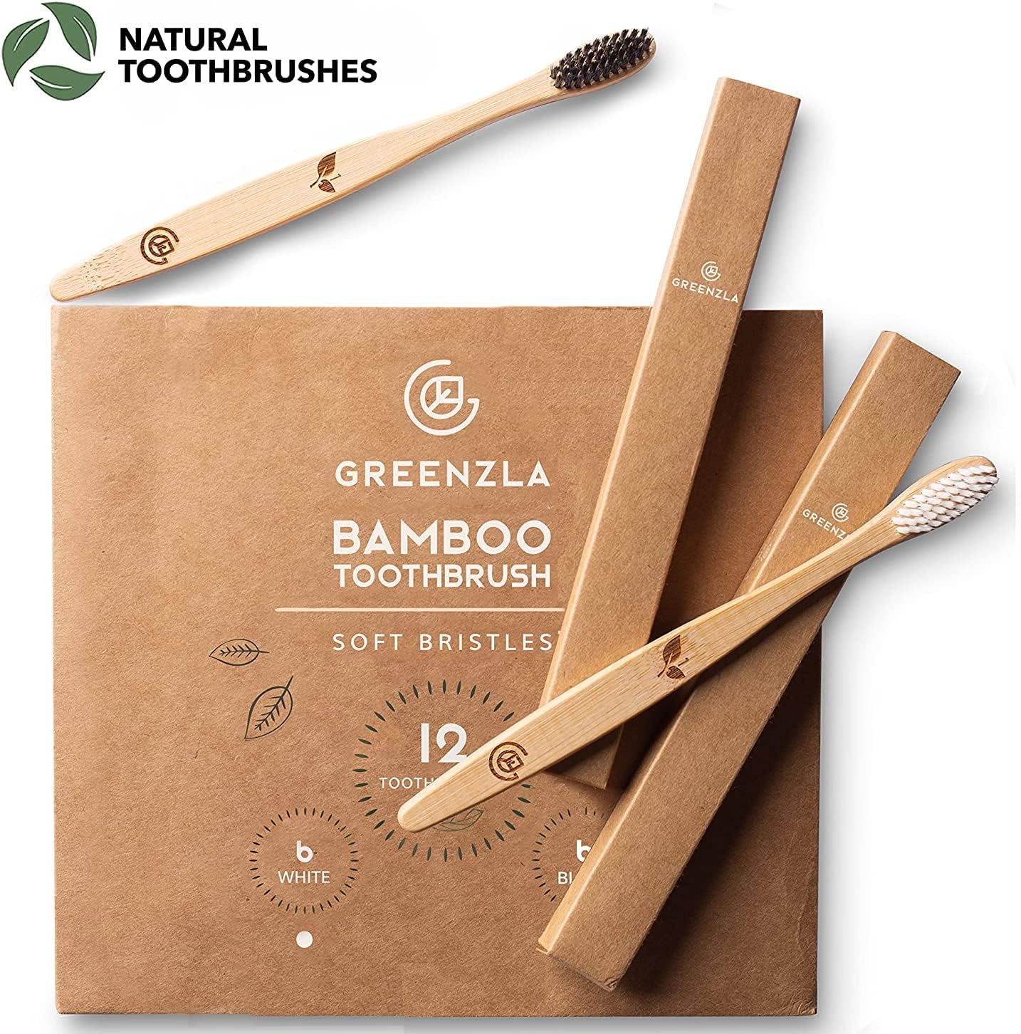Bamboo Toothbrush Set – 12 Pack Eco-Friendly Wooden Toothbrushes with Soft Bristles, Travel Case & Charcoal Dental Floss