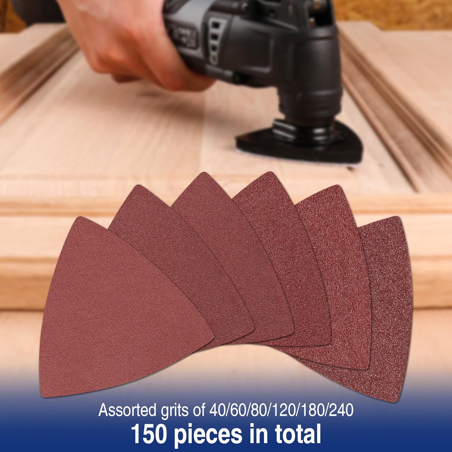 150PCS Triangle Sanding Pads – 3-1/8” Hook & Loop for Oscillating Multi-Tools – 40 to 240 Grit Assortment