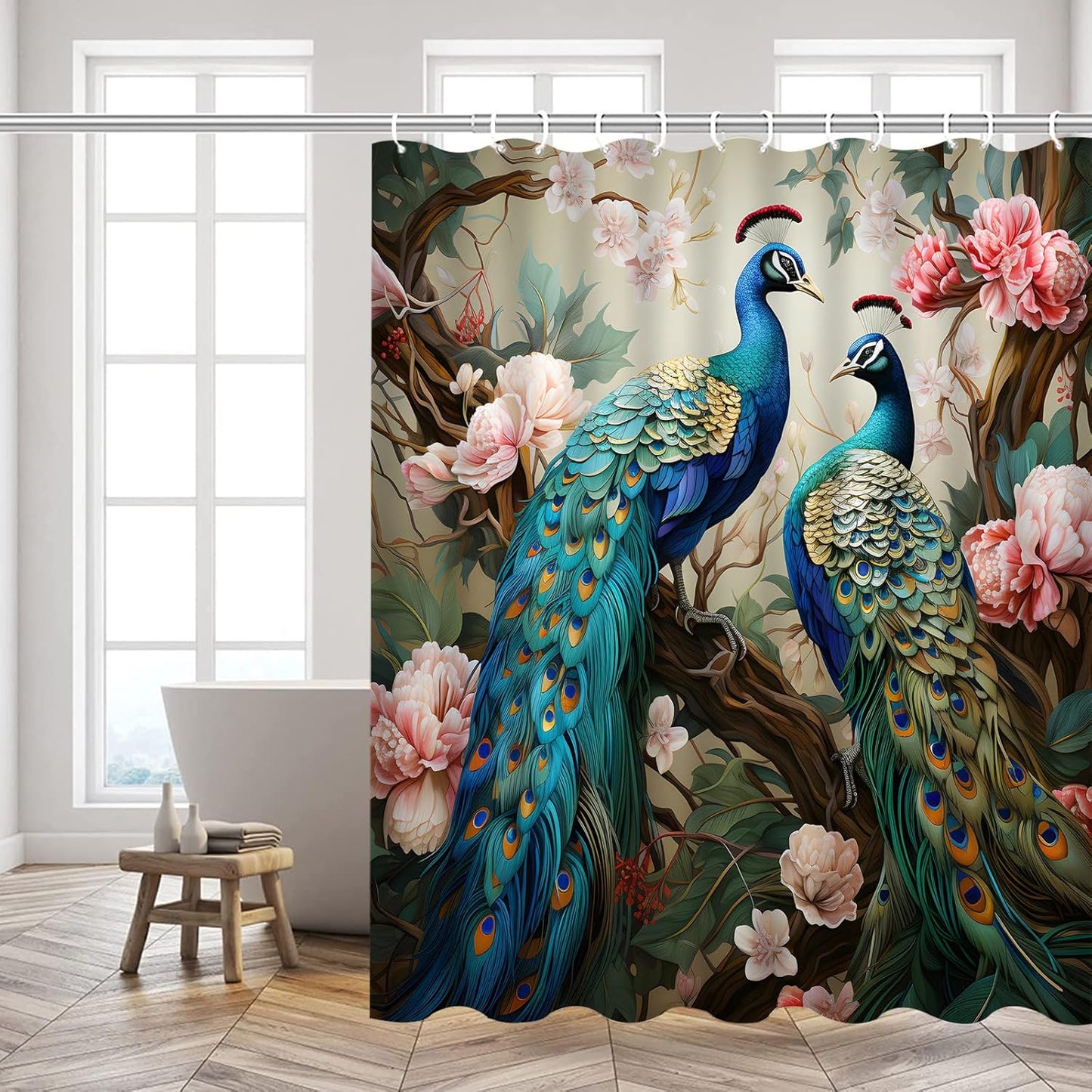 Peacock Shower Curtain – 70x70 Inch Bathroom Decor with Two Blue Peacocks & Pink Floral Scenery – Elegant Polyester Fabric with Hooks