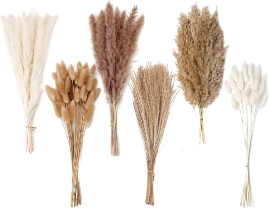 Dried Pampas Grass Bouquet – 120 PCS White & Brown Bunny Tails and Reed Flowers for Boho, Rustic, and Wedding Decor