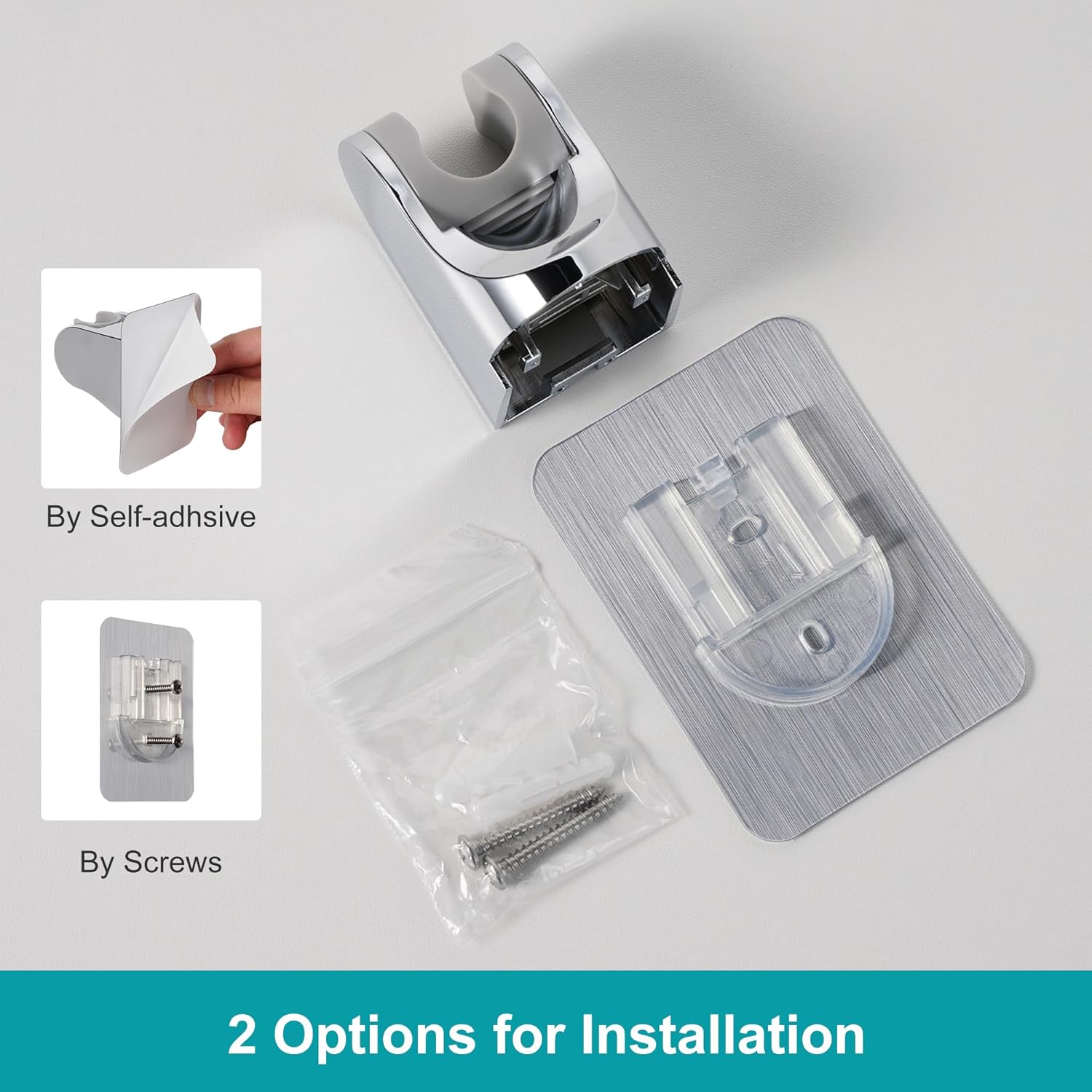 Adjustable Shower Head Holder – Strong Adhesive Wall Mount Bracket, No Drilling, Handheld Showerhead Holder for RV, Kids, Bathroom (Silver)