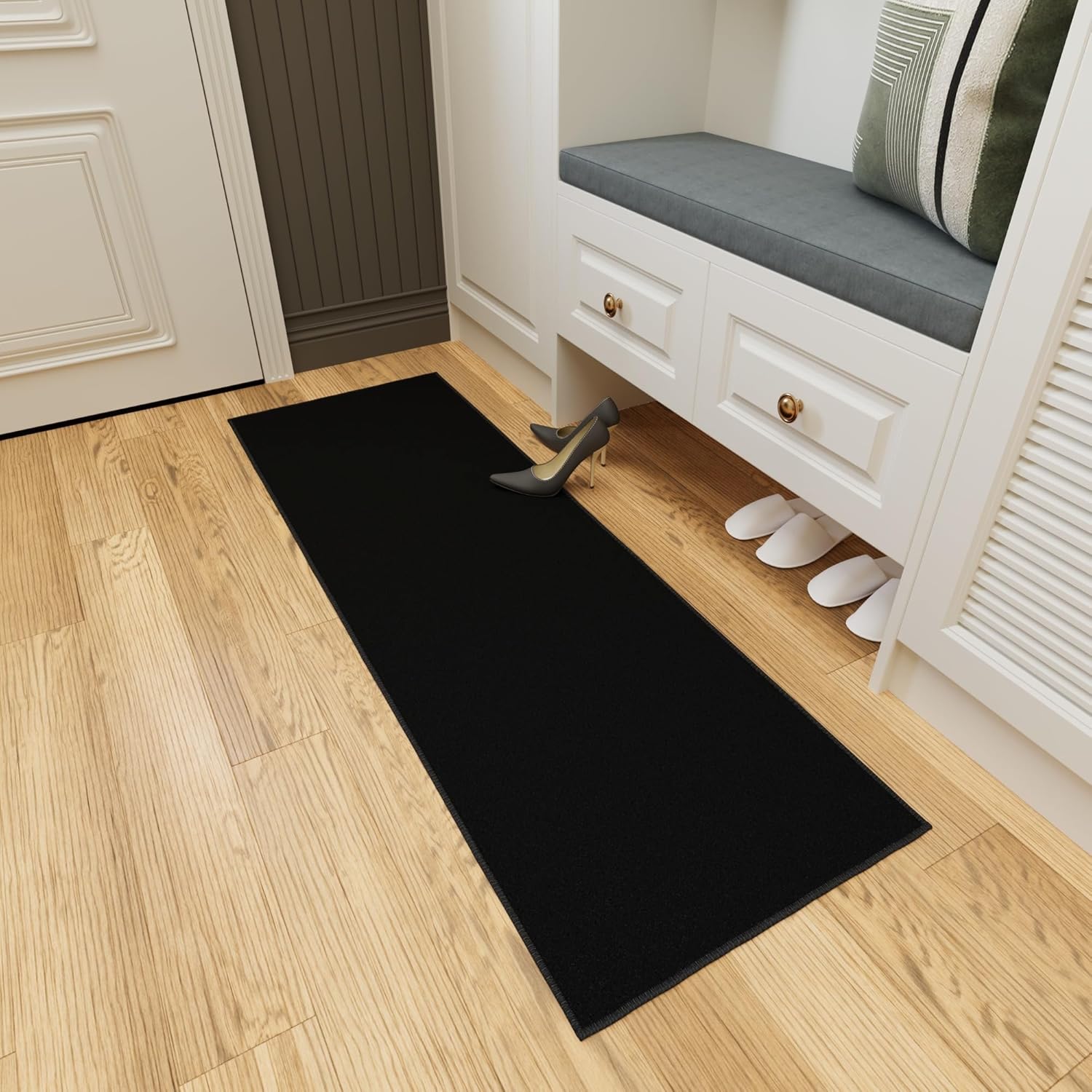 Ottomanson 2'2" x 6' Hallway Runner Rug – Non-Slip, Easy-Clean Solid Black Carpet for Entryway, Kitchen & Laundry