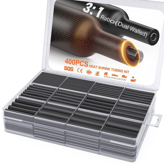 400 Pcs Heat Shrink Tubing Kit – 3:1 Adhesive-Lined Marine Grade Black Sleeves for Electrical Wire Repair