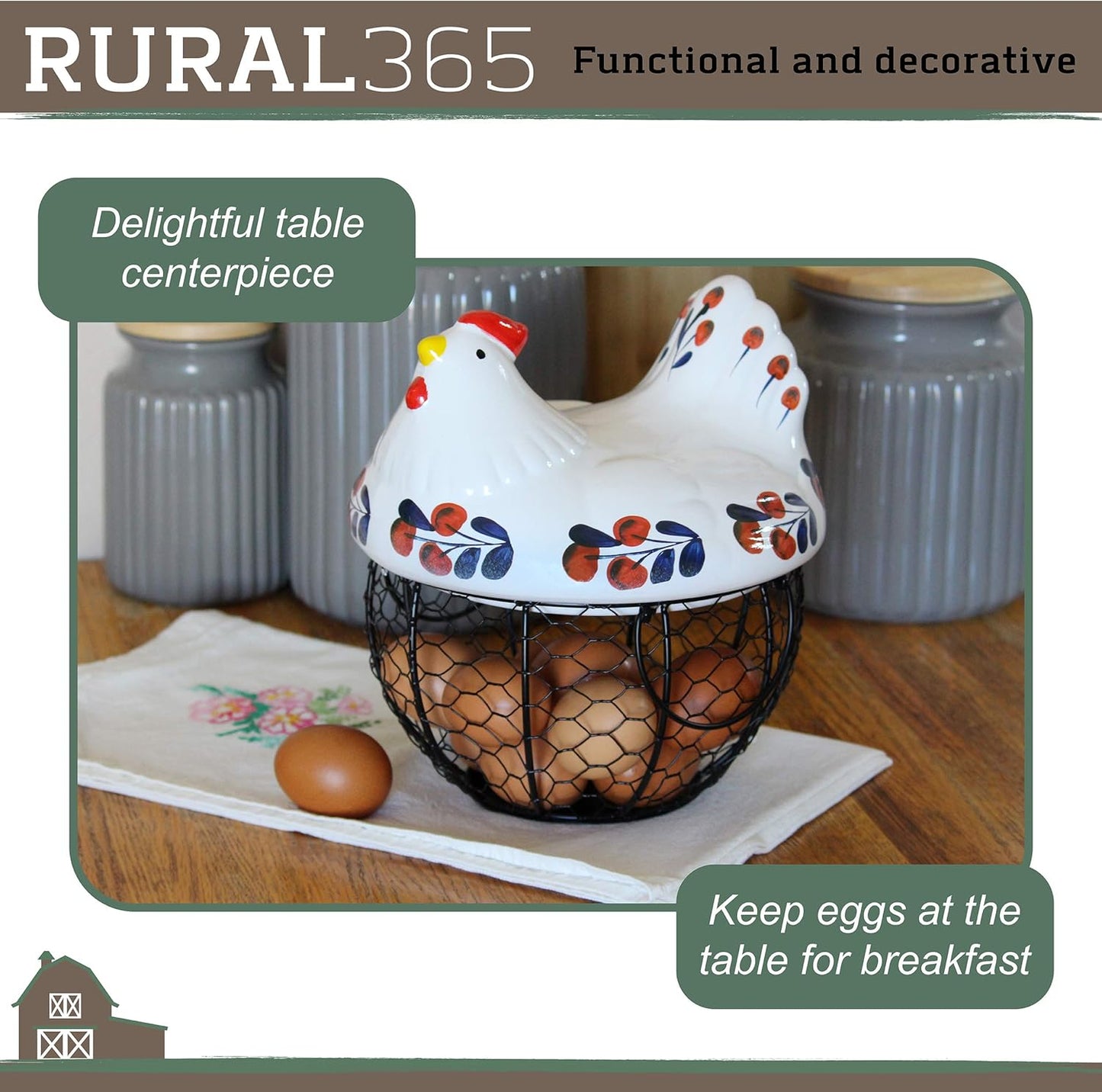 Ceramic Chicken Egg Basket – Navy & Red Farmhouse Storage with Wire Base
