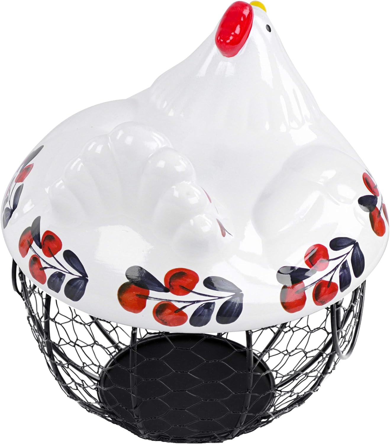 Ceramic Chicken Egg Basket – Navy & Red Farmhouse Storage with Wire Base