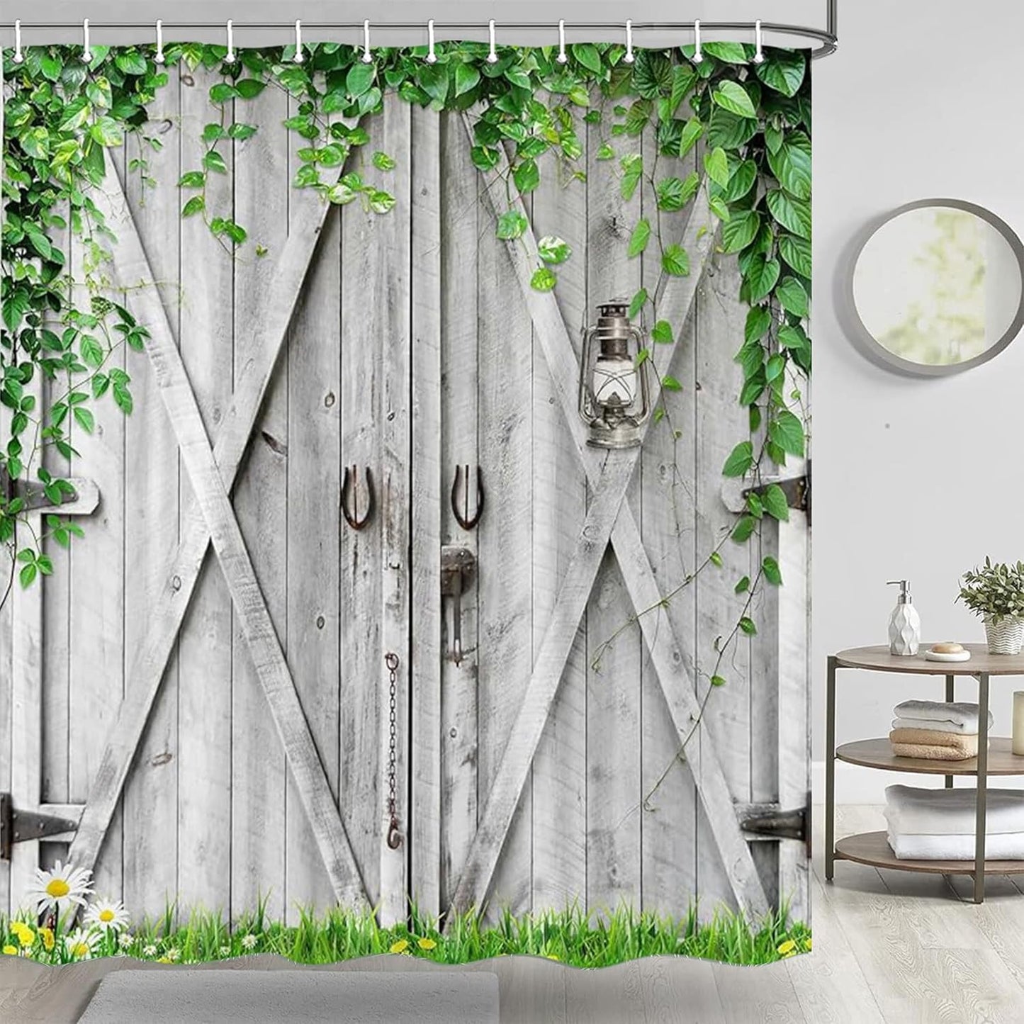 Rustic Barn Door Shower Curtain Set - Farmhouse-Inspired Waterproof Bathroom Decor with Hooks, 70 x 72 Inches