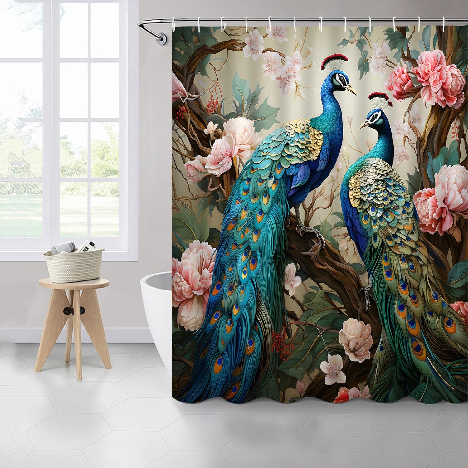 Peacock Shower Curtain – 70x70 Inch Bathroom Decor with Two Blue Peacocks & Pink Floral Scenery – Elegant Polyester Fabric with Hooks