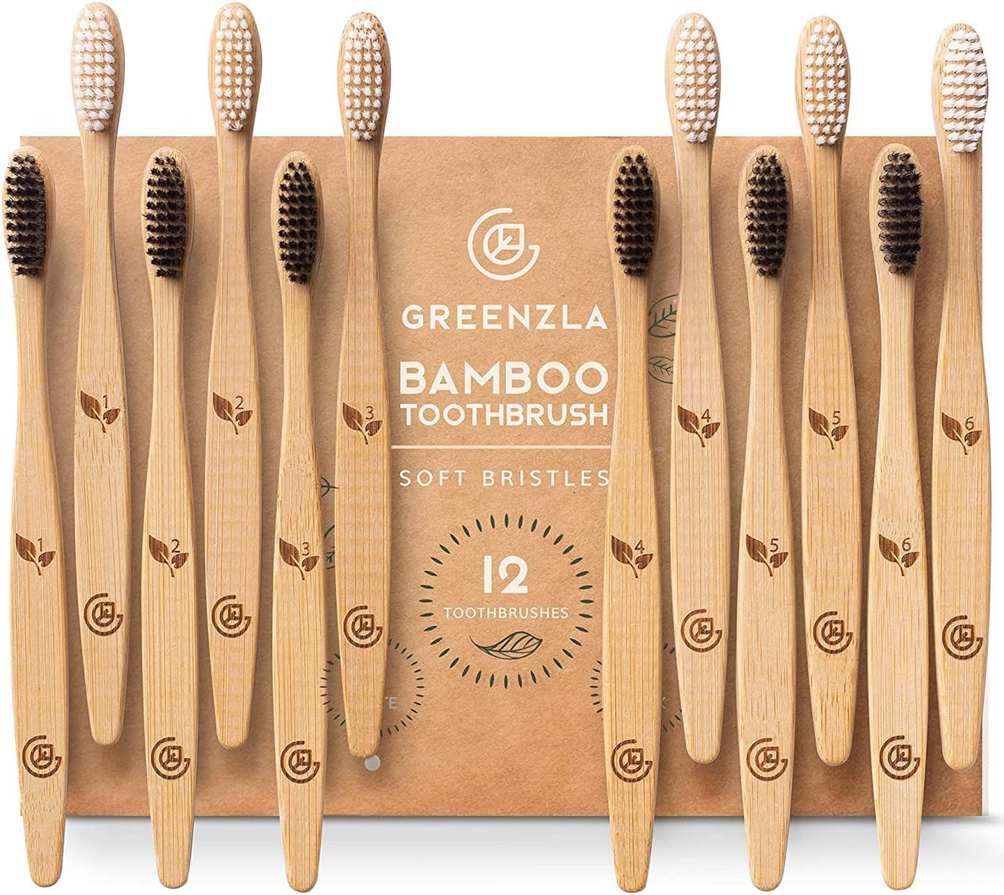 Bamboo Toothbrush Set – 12 Pack Eco-Friendly Wooden Toothbrushes with Soft Bristles, Travel Case & Charcoal Dental Floss