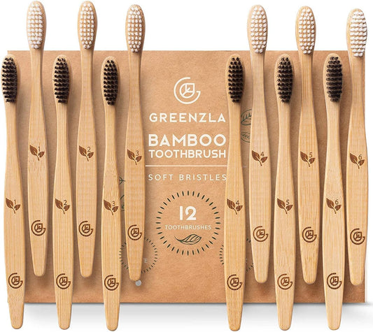 Bamboo Toothbrush Set – 12 Pack Eco-Friendly Wooden Toothbrushes with Soft Bristles, Travel Case & Charcoal Dental Floss