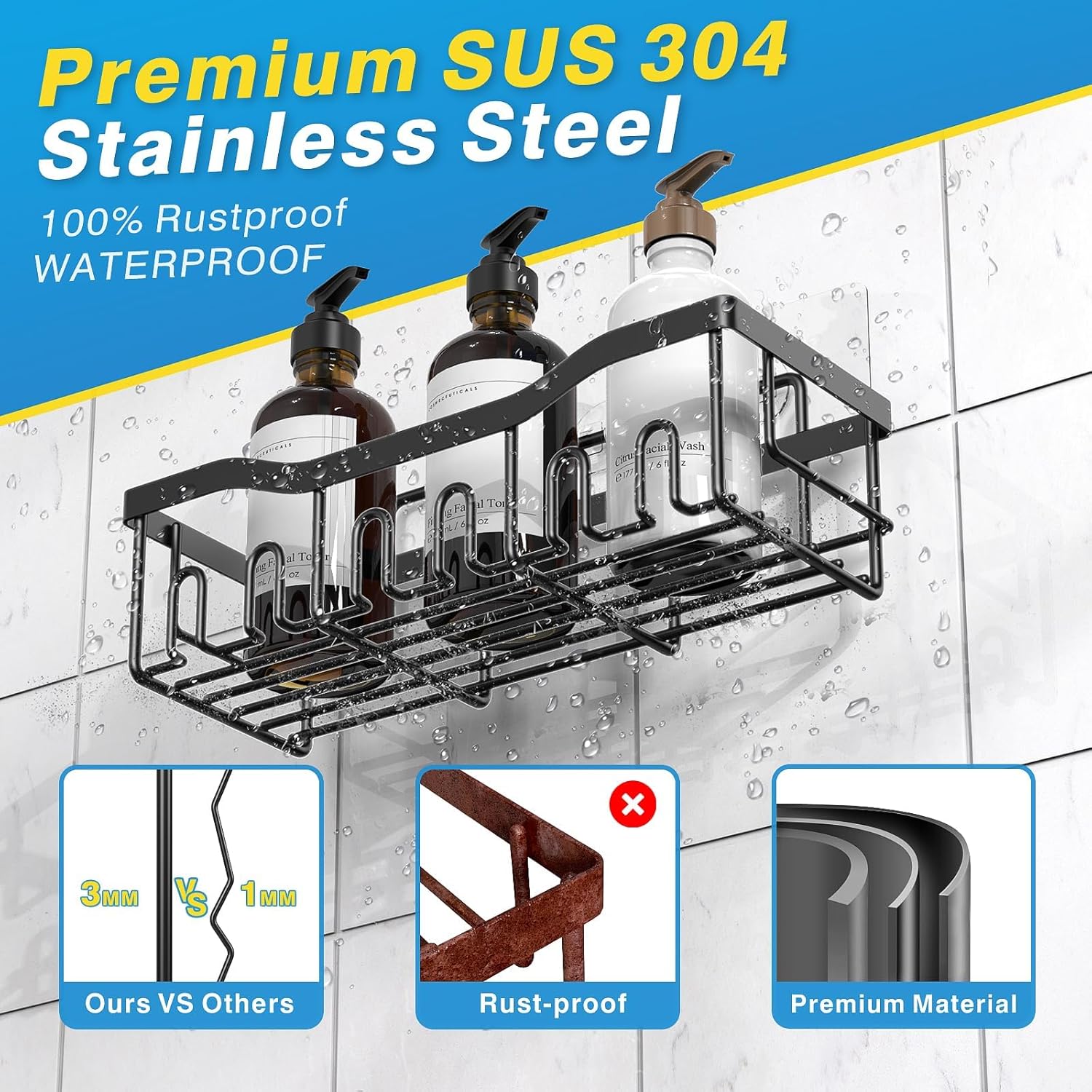 5-Pack Adhesive Shower Caddy – Rustproof Stainless Steel Bathroom Organizer Shelves, Large Capacity, No-Drill Wall Mount Storage for Bath & Home