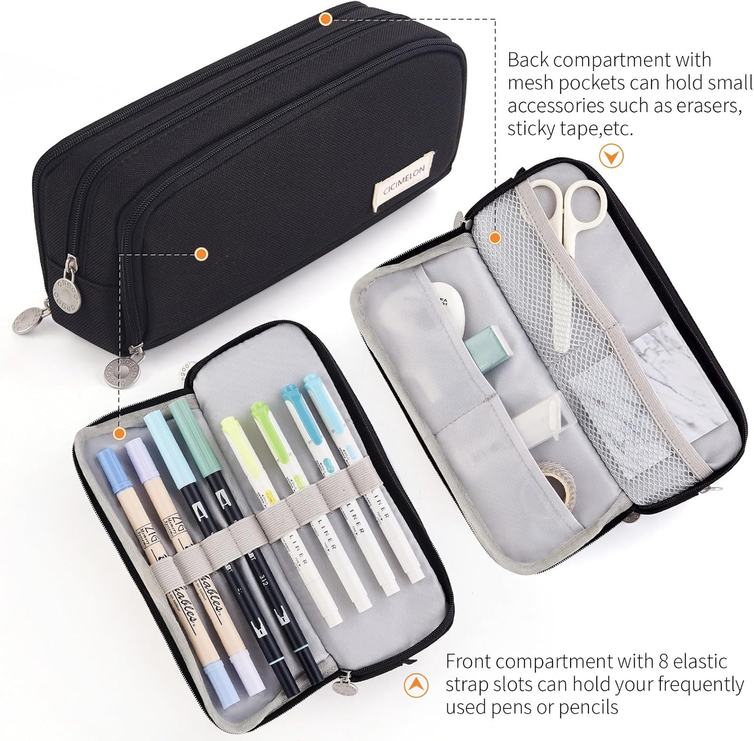 Large Capacity Pencil Case – 3-Zip Compartment Organizer Pouch (Black)