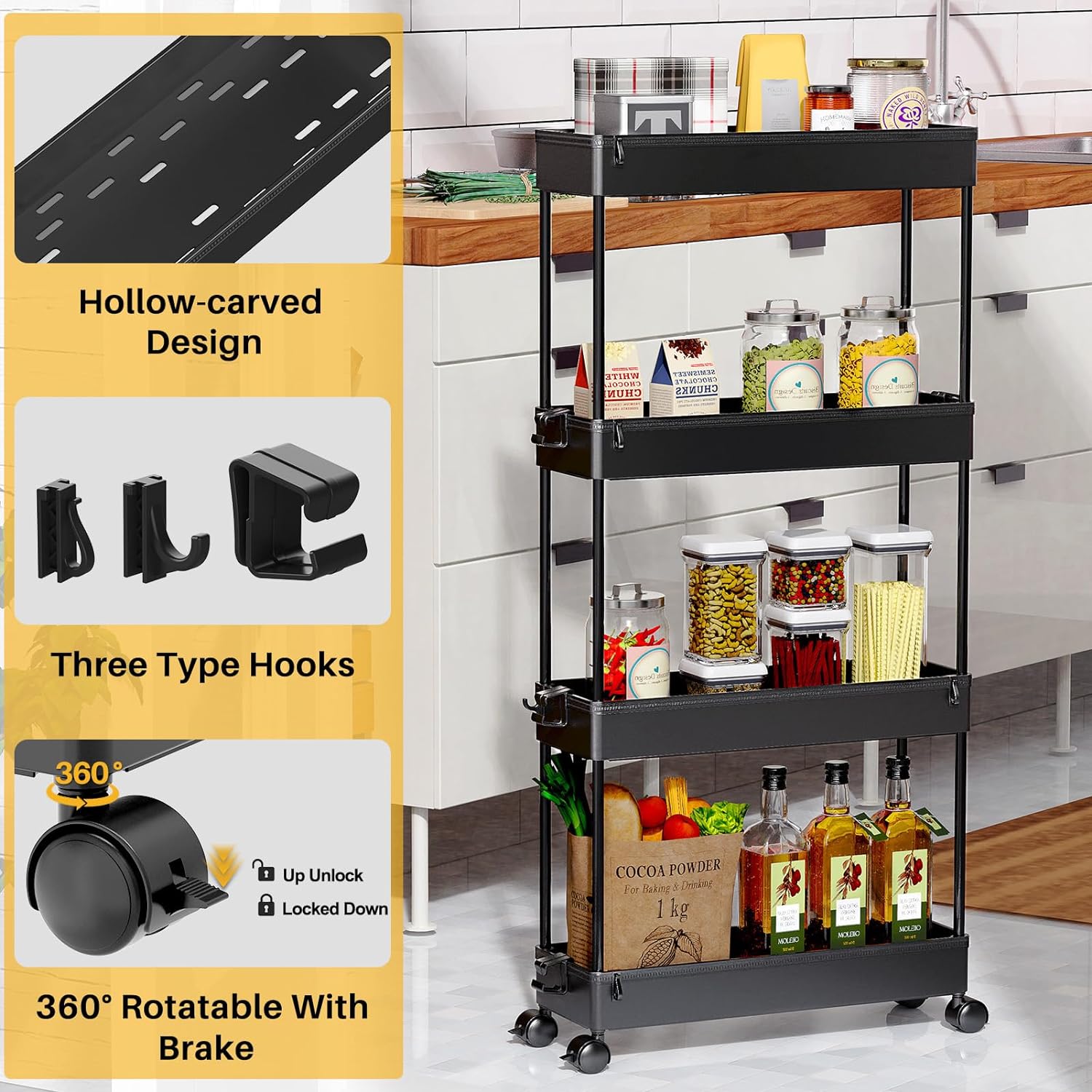 Slim Rolling Storage Cart 4 Tier Organizer Mobile Shelving Unit Utility Cart Tower Rack for Kitchen Bathroom Laundry Narrow Places, Black