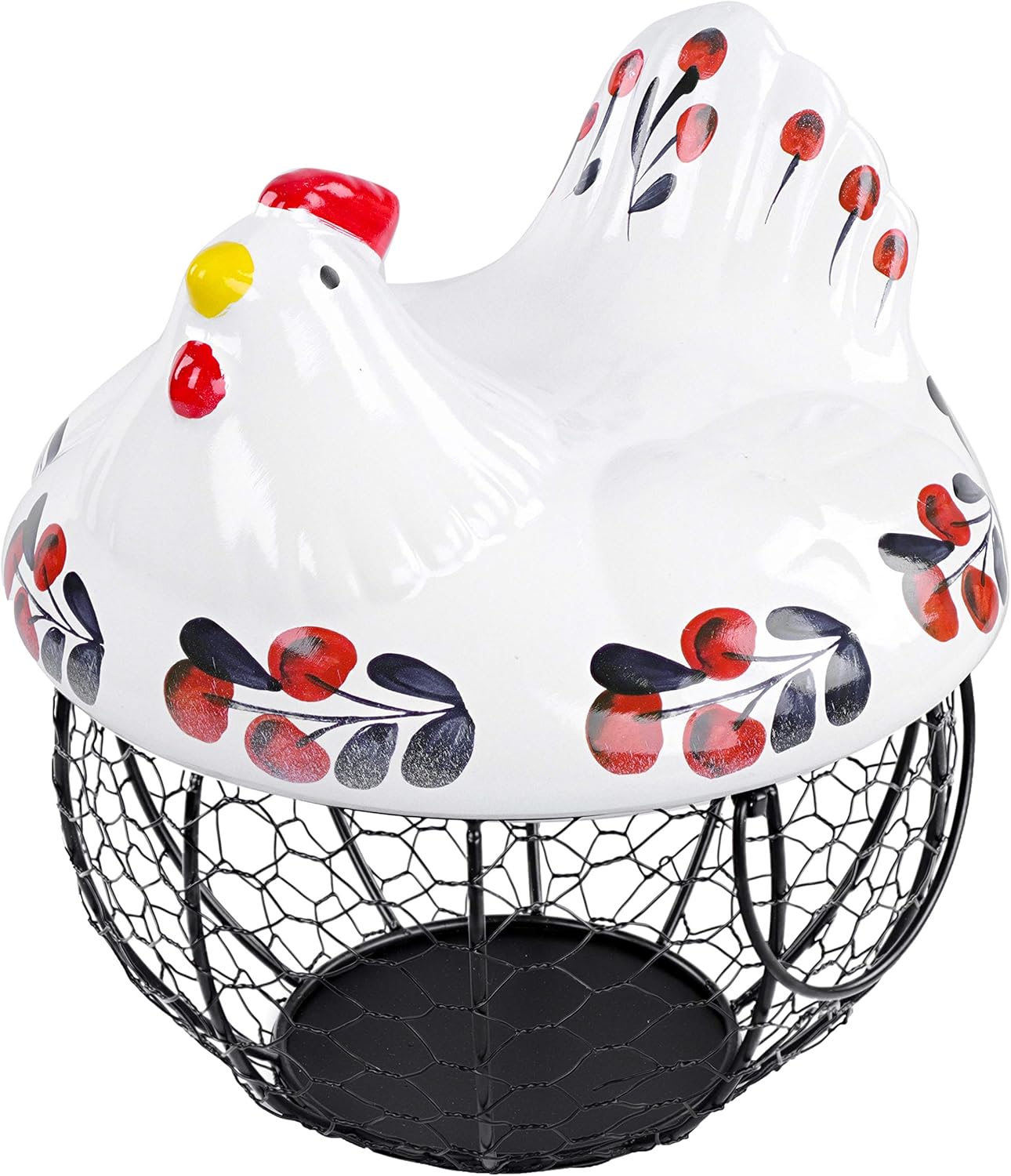 Ceramic Chicken Egg Basket – Navy & Red Farmhouse Storage with Wire Base